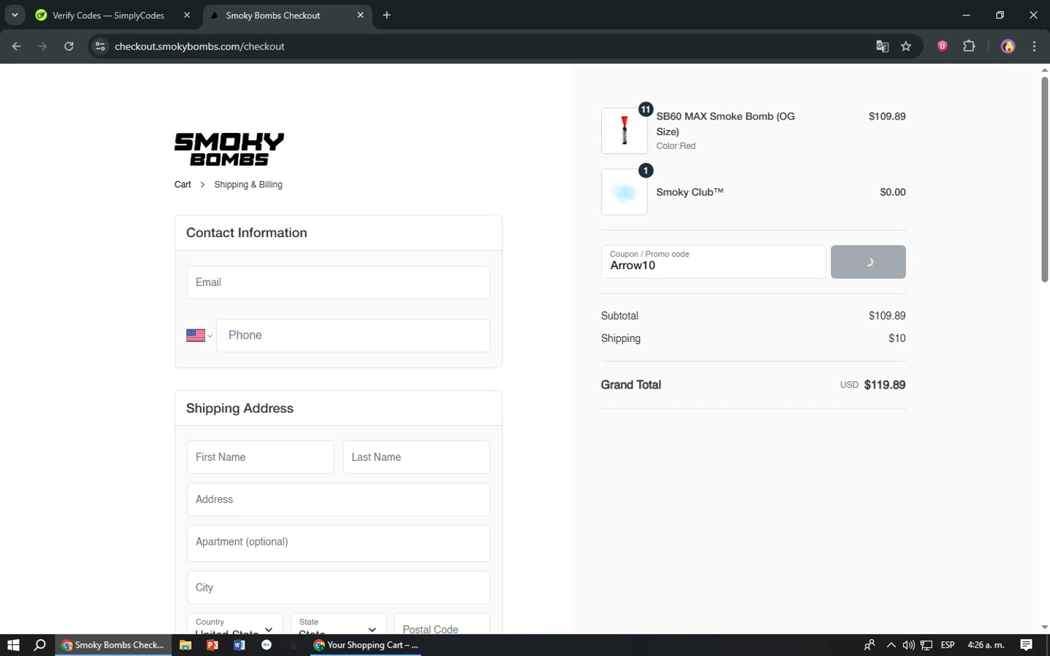 SmokyBombs promo code screenshot showing code Arrow10 applied at SmokyBombs checkout page. Uploaded by SimplyCodes community member TreasureShopper9156 on Jul 18, 2025