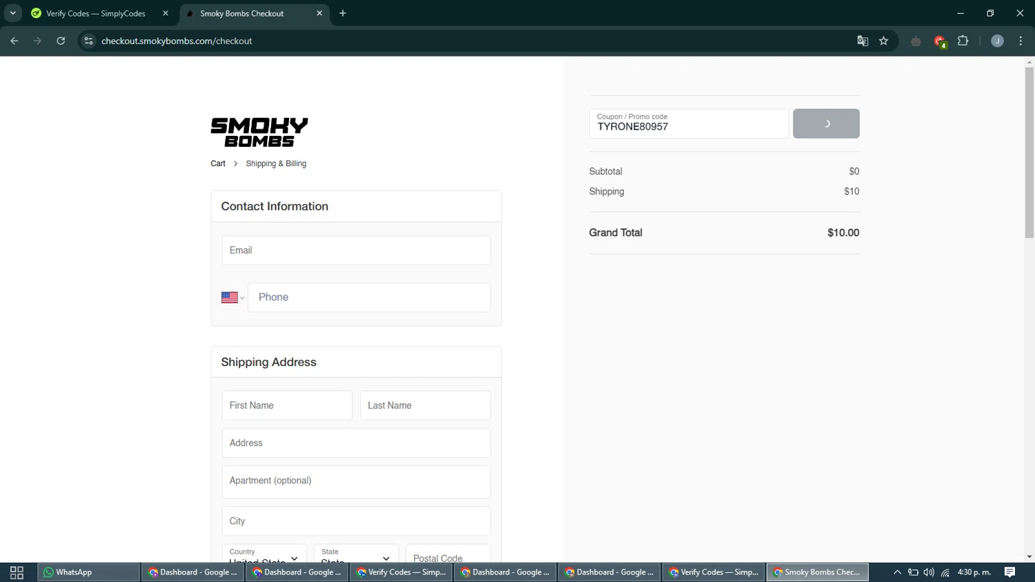 SmokyBombs promo code screenshot showing code TYRONE80957 applied at SmokyBombs checkout page. Uploaded by SimplyCodes community member CashShopper1214 on Jan 20, 2025
