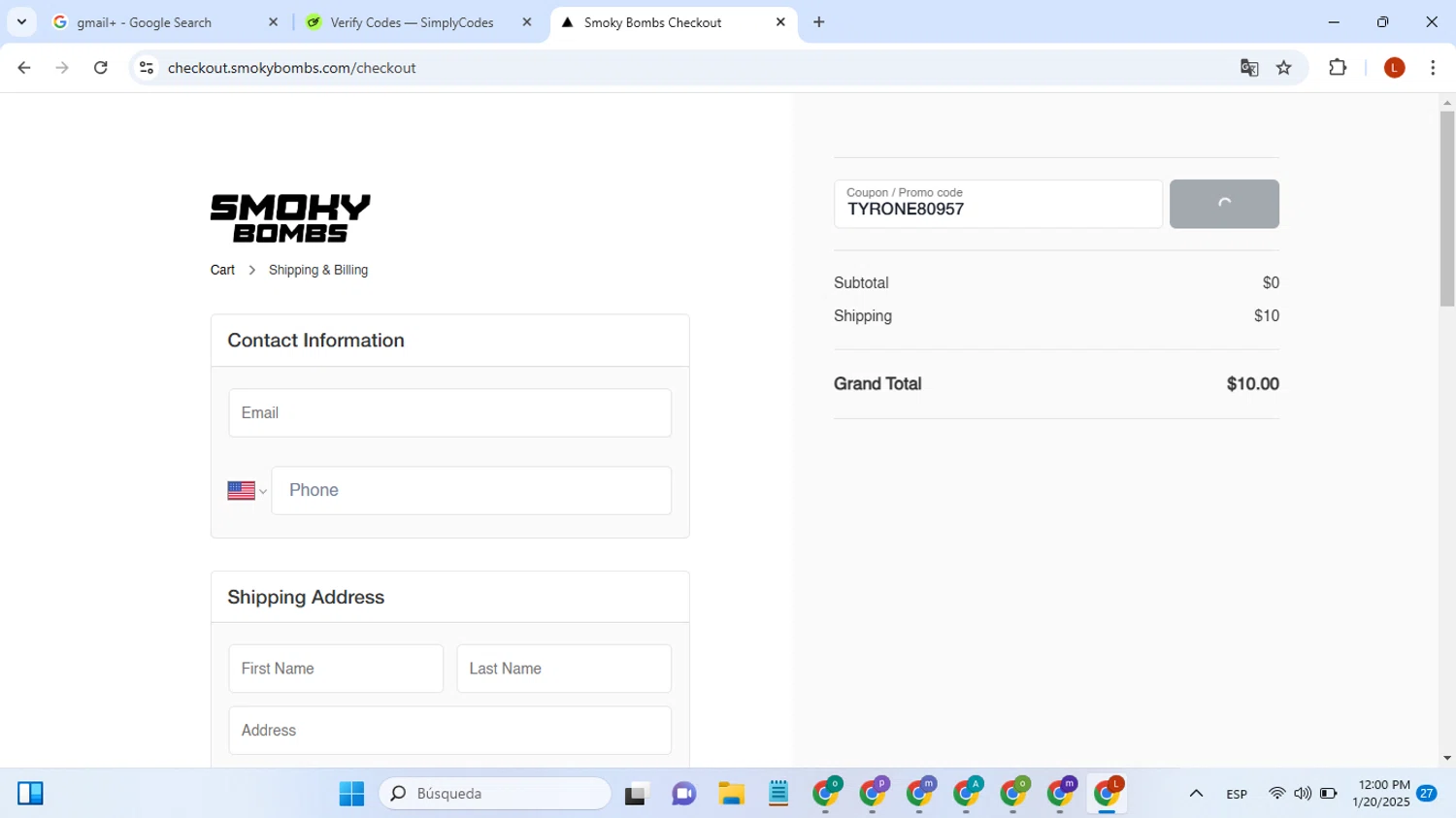SmokyBombs promo code screenshot showing code TYRONE80957 applied at SmokyBombs checkout page. Uploaded by SimplyCodes community member ValueShopper7354 on Jan 20, 2025