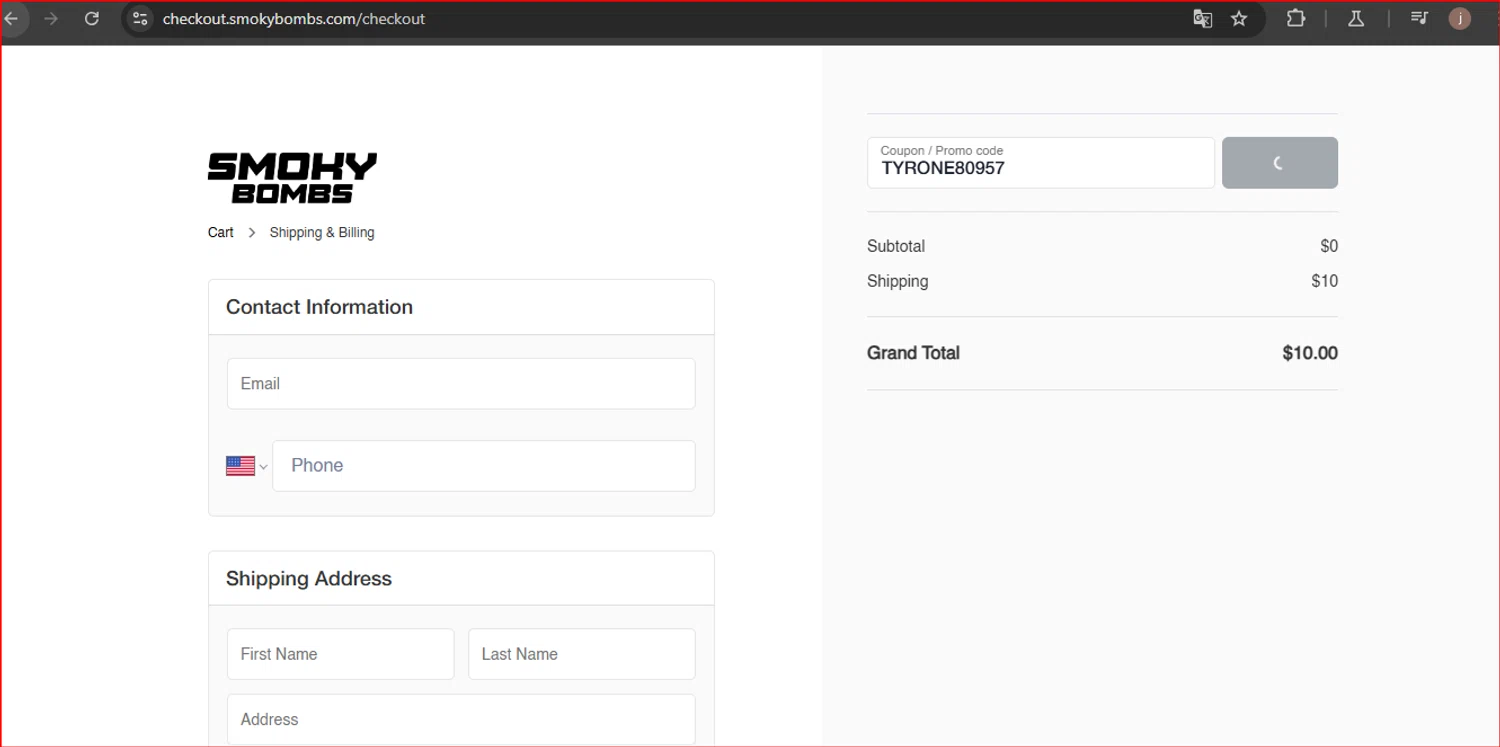 SmokyBombs promo code screenshot showing code TYRONE80957 applied at SmokyBombs checkout page. Uploaded by SimplyCodes community member CodeWhiz8342 on Jan 20, 2025