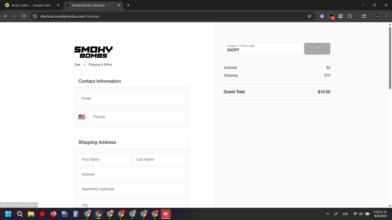 SmokyBombs promo code screenshot showing code 20OFF applied at SmokyBombs checkout page. Uploaded by SimplyCodes community member ArizaJesus on Aug 8, 2025