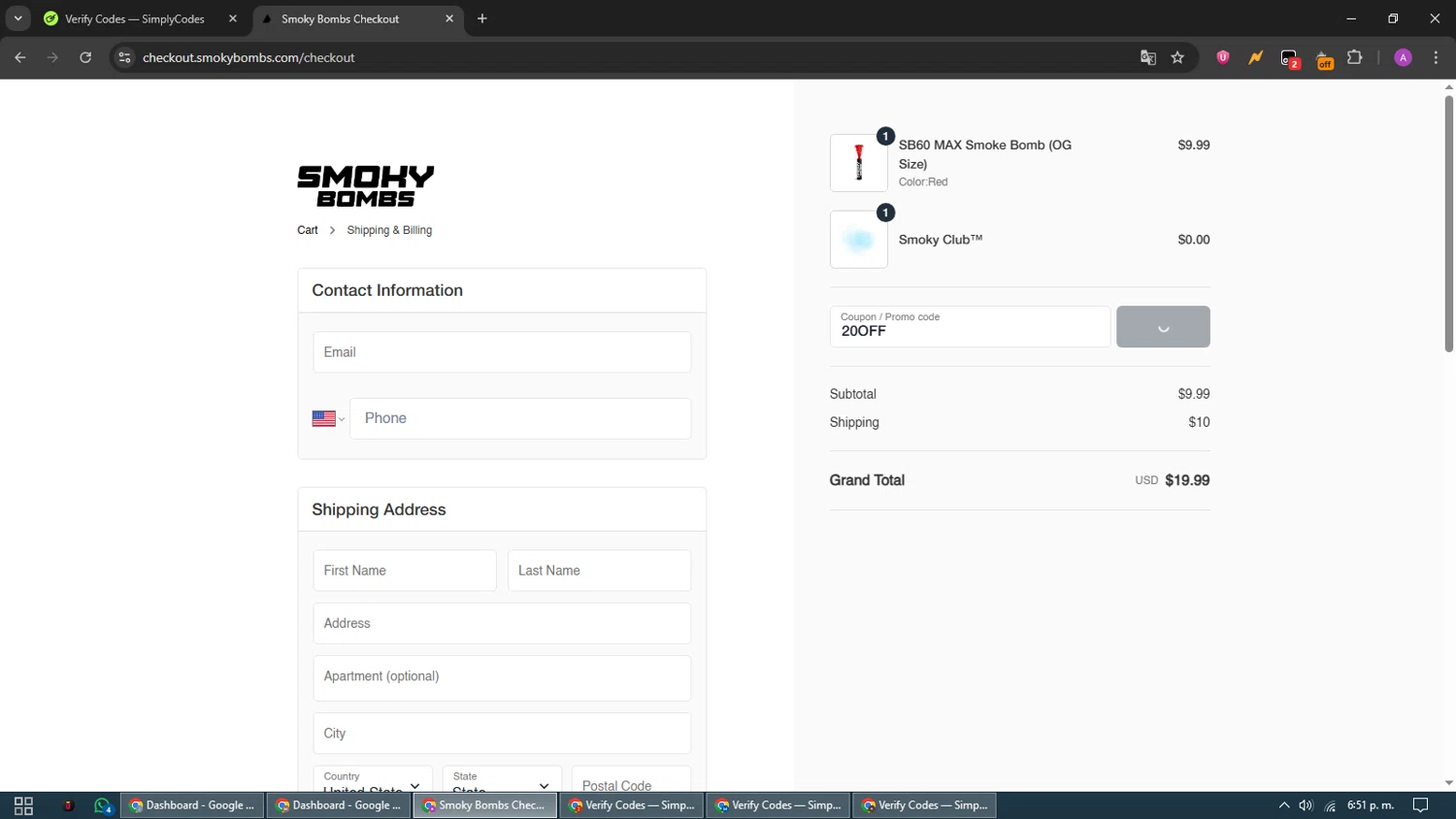 SmokyBombs promo code screenshot showing code 20OFF applied at SmokyBombs checkout page. Uploaded by SimplyCodes community member CouponScout5403 on Aug 8, 2025