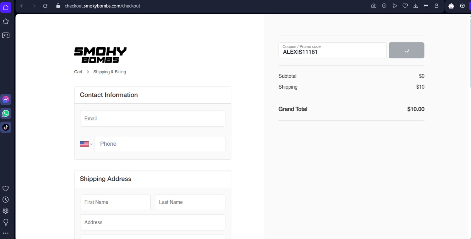SmokyBombs promo code screenshot showing code ALEXIS11181 applied at SmokyBombs checkout page. Uploaded by SimplyCodes community member TokenFinder6469 on Mar 15, 2025