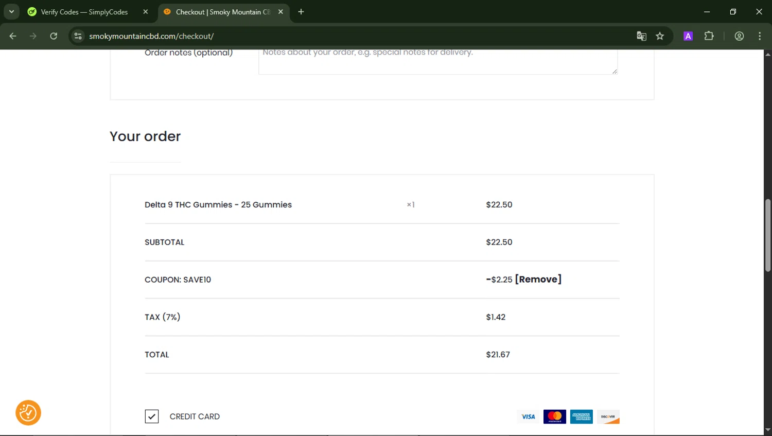 Smoky Mountain CBD coupon code screenshot showing code SAVE10 applied at Smoky Mountain CBD checkout page. Uploaded by SimplyCodes community member CoinCollector8010 on Jun 10, 2025