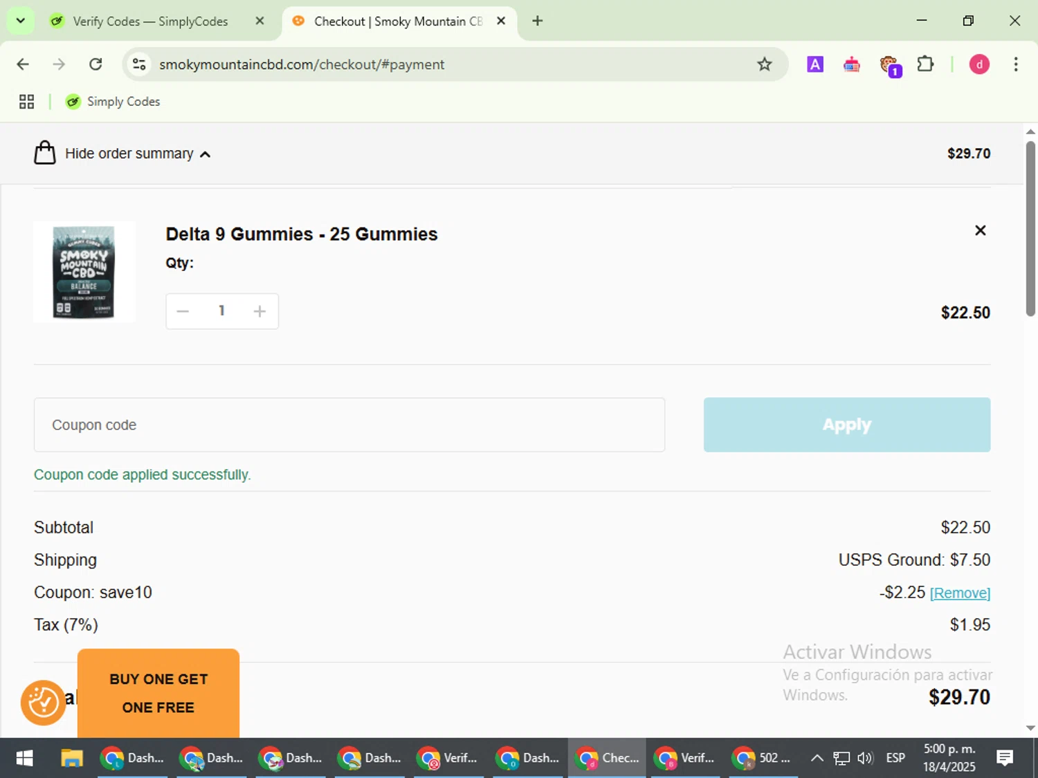 Smoky Mountain CBD coupon code screenshot showing code SAVE10 applied at Smoky Mountain CBD checkout page. Uploaded by SimplyCodes community member BudgetVoyager5452 on Apr 18, 2025