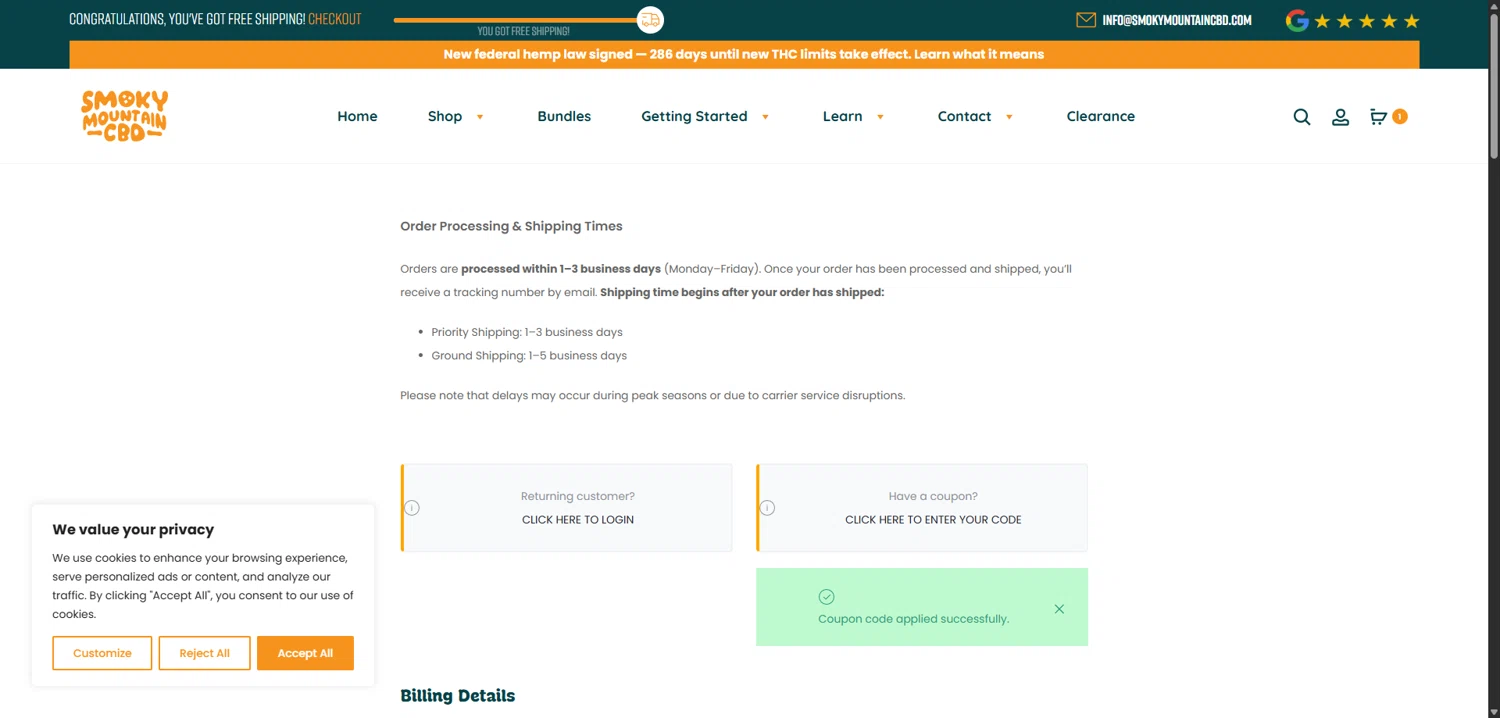 Smoky Mountain CBD checkout page showing Smoky Mountain CBD coupon code box | Screenshot taken by SimplyCodes community member on Jan 31, 2026