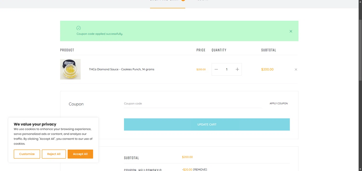Smoky Mountain CBD coupon code screenshot showing code HELLOSMOKY10 applied at Smoky Mountain CBD checkout page. Uploaded by SimplyCodes community member TokenCollector1268 on May 20, 2025