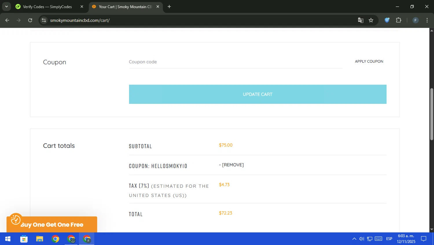 Smoky Mountain CBD coupon code screenshot showing code HELLOSMOKY10 applied at Smoky Mountain CBD checkout page. Uploaded by SimplyCodes community member pajarito on Nov 12, 2025