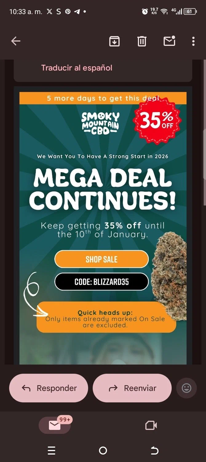 Smoky Mountain CBD coupon code screenshot showing code Blizzard35 applied at Smoky Mountain CBD checkout page. Uploaded by SimplyCodes community member kellymoreno on Jan 7, 2026