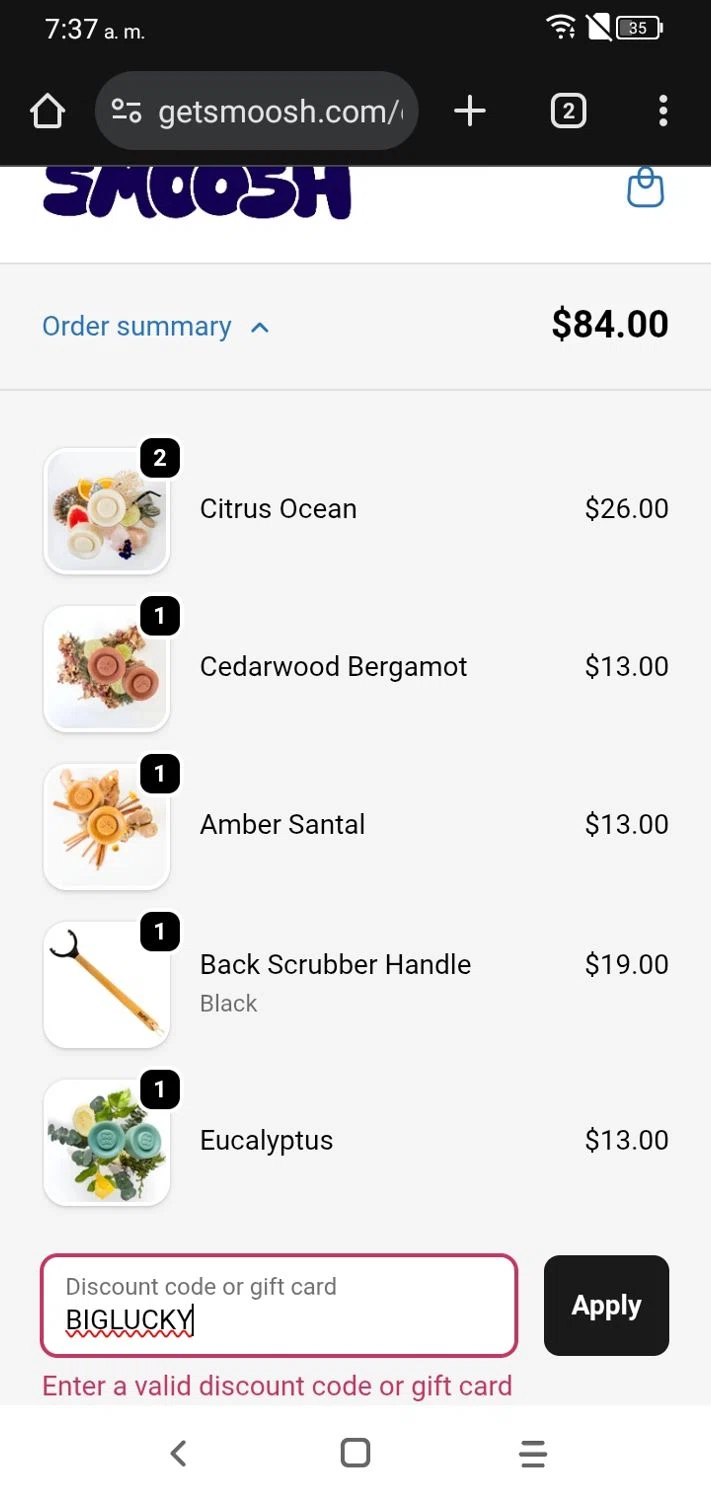 Smoosh discount code screenshot showing code BIGLUCKY applied at Smoosh checkout page. Uploaded by SimplyCodes community member RoyalSpotter5217 on Dec 4, 2025