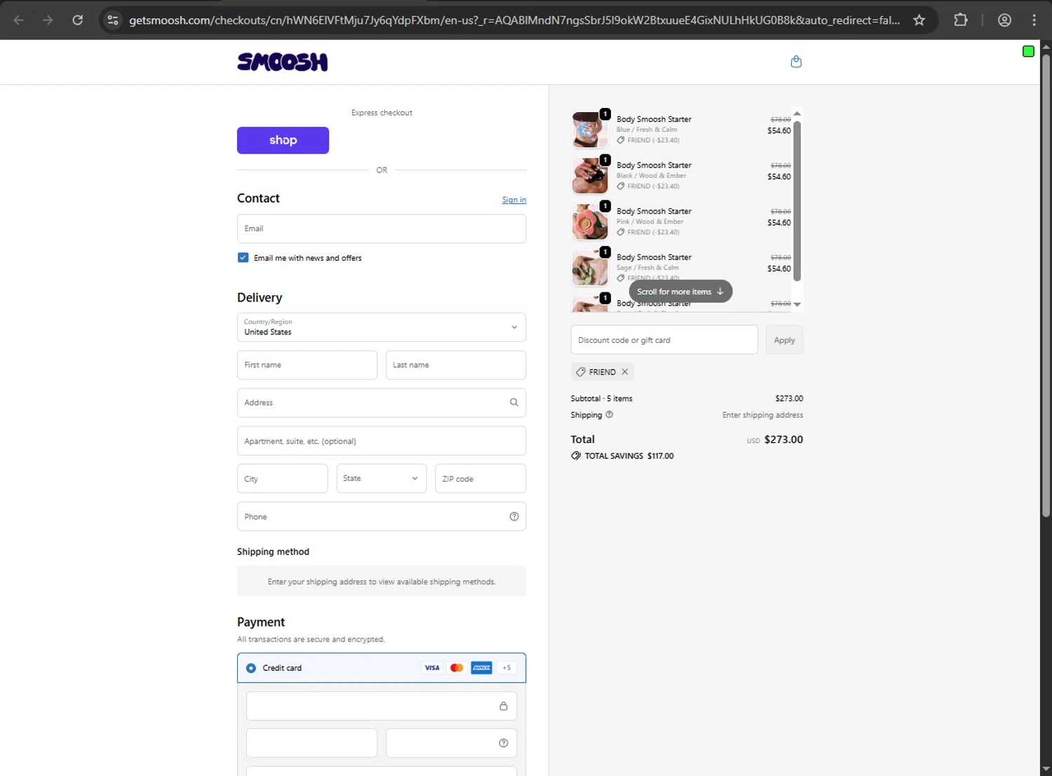 Smoosh discount code screenshot showing code FRIEND applied at Smoosh checkout page. Uploaded by SimplyCodes community member Scrooge on Dec 9, 2025