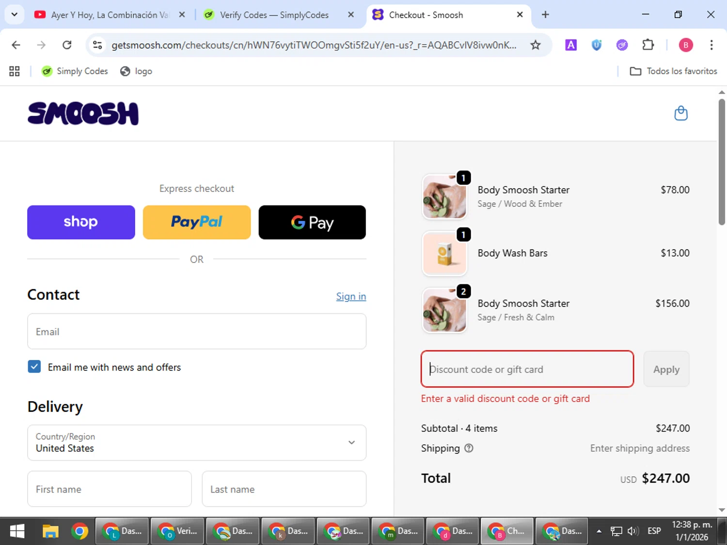 Smoosh discount code screenshot showing code FRIEND applied at Smoosh checkout page. Uploaded by SimplyCodes community member bombontropical on Jan 1, 2026