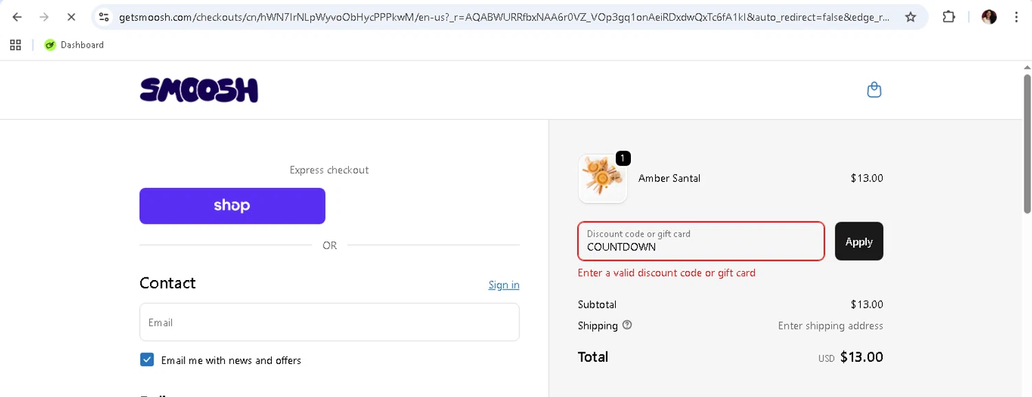 Smoosh discount code screenshot showing code COUNTDOWN applied at Smoosh checkout page. Uploaded by SimplyCodes community member monicacaraballo on Jan 6, 2026