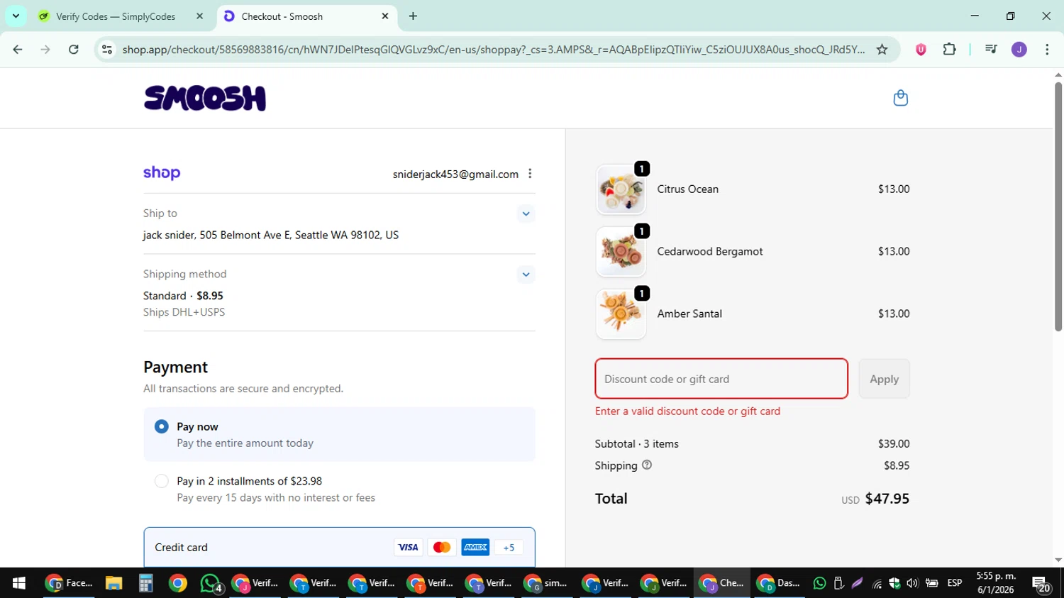 Smoosh discount code screenshot showing code COUNTDOWN applied at Smoosh checkout page. Uploaded by SimplyCodes community member sniderjack453 on Jan 6, 2026