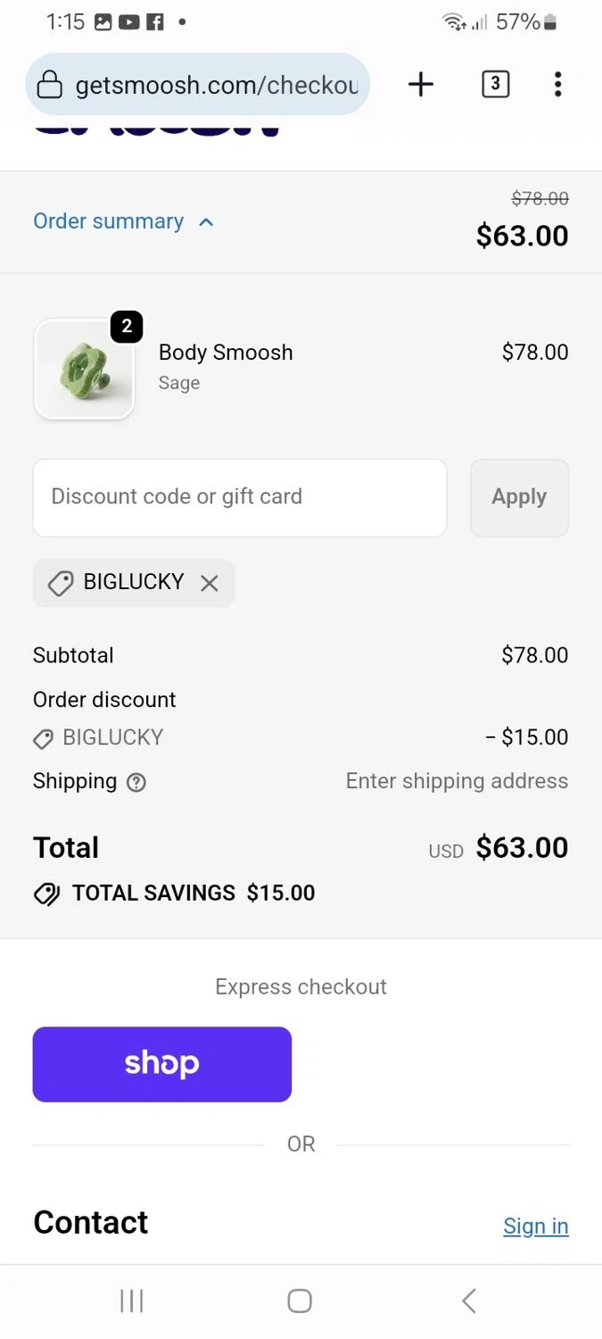 Smoosh discount code screenshot showing code BIGLUCKY applied at Smoosh checkout page. Uploaded by SimplyCodes community member ScanMaverick9378 on Nov 28, 2025