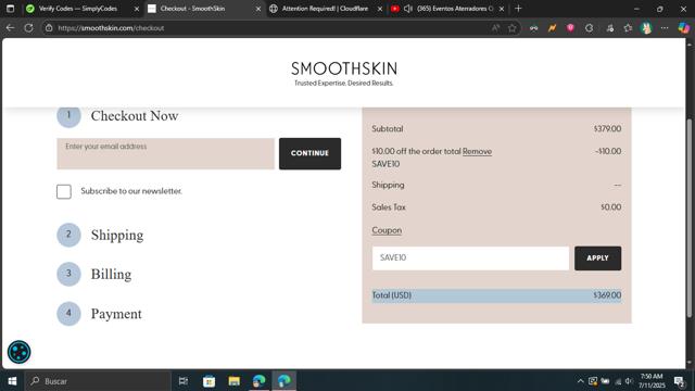 SmoothSkin checkout page showing SmoothSkin promo code box | Screenshot taken by SimplyCodes community member on Jul 11, 2025