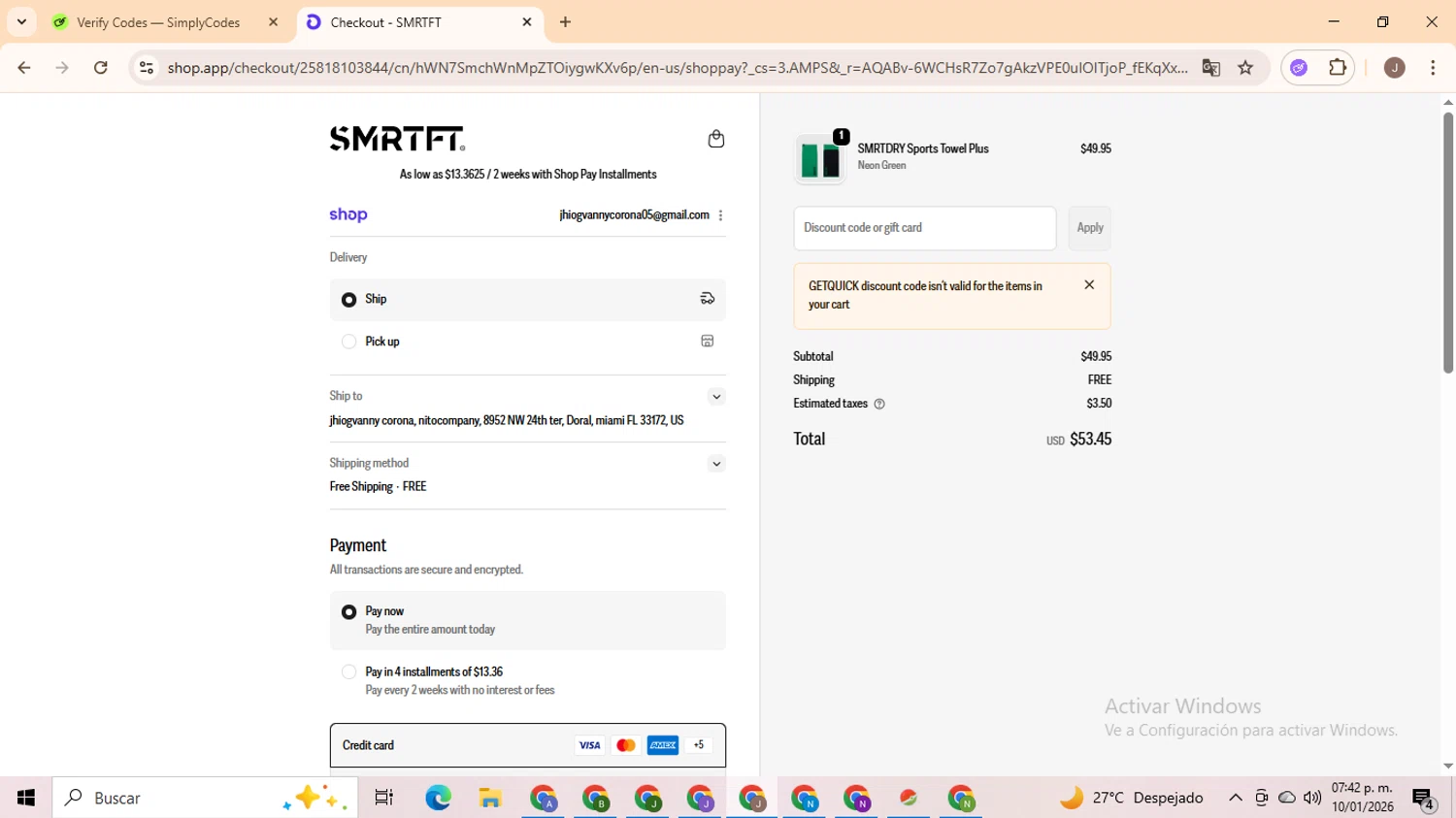 SMRTFT discount code screenshot showing code GETQUICK applied at SMRTFT checkout page. Uploaded by SimplyCodes community member ValiantHero2365 on Jan 10, 2026