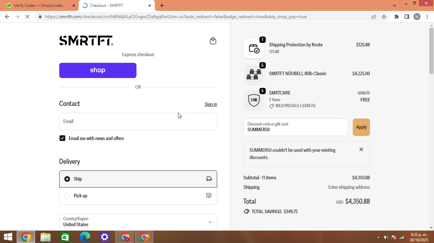 SMRTFT discount code screenshot showing code SUMMER50 applied at SMRTFT checkout page. Uploaded by SimplyCodes community member AJOTAA on Oct 31, 2025