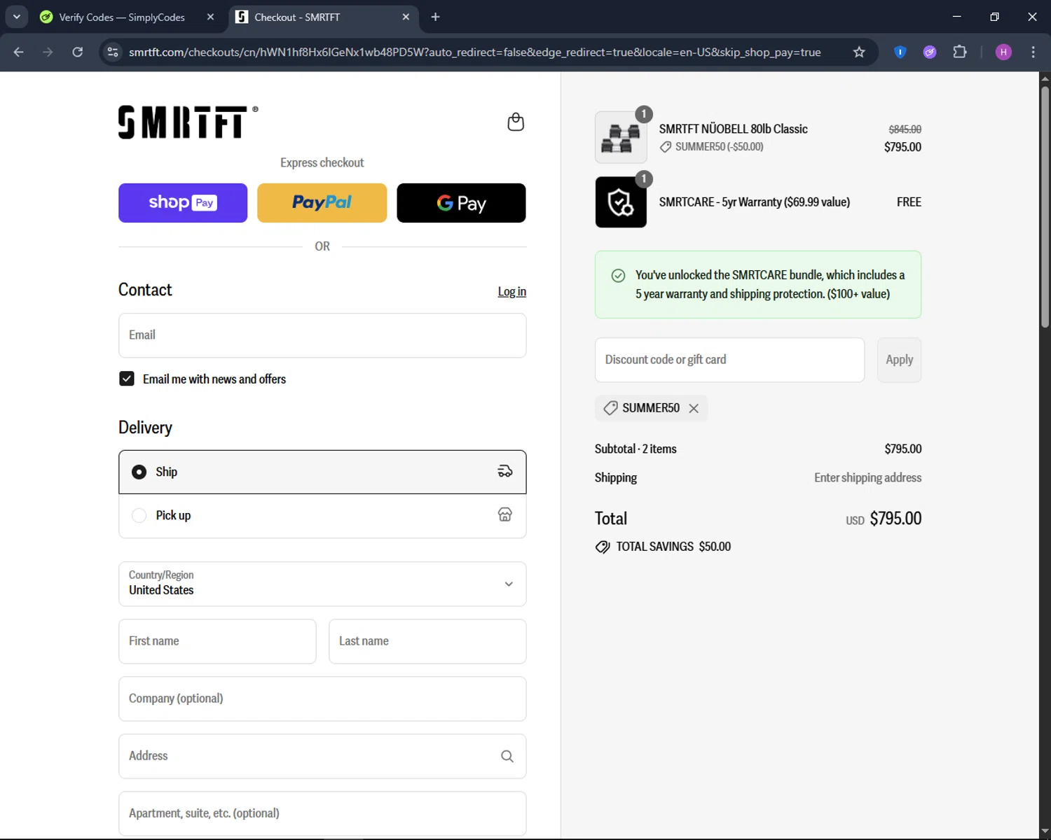 SMRTFT discount code screenshot showing code SUMMER50 applied at SMRTFT checkout page. Uploaded by SimplyCodes community member TokenNavigator6891 on Aug 12, 2025