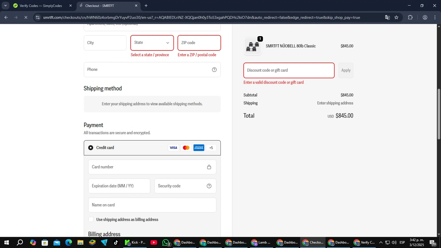 SMRTFT discount code screenshot showing code CYBER150 applied at SMRTFT checkout page. Uploaded by SimplyCodes community member MoneyPilot9165 on Dec 3, 2025