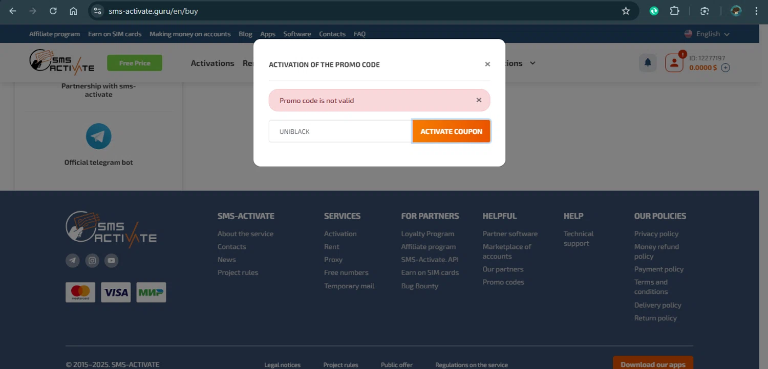 SMS-Activate promo code screenshot showing code UNIBLACK applied at SMS-Activate checkout page. Uploaded by SimplyCodes community member xAngel on Feb 15, 2025