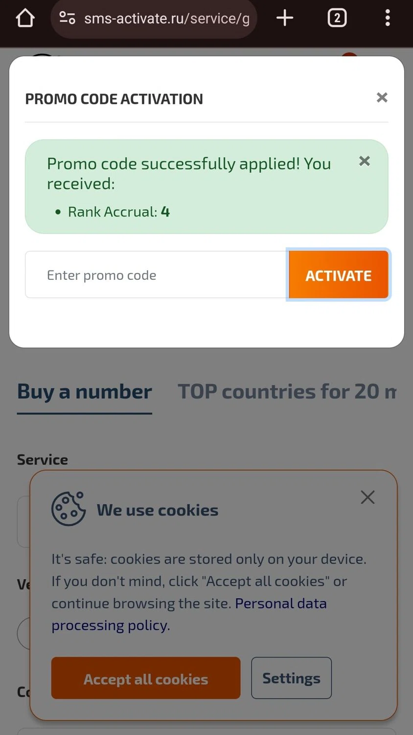 SMS-Activate promo code screenshot showing code Admsms4 applied at SMS-Activate checkout page. Uploaded by SimplyCodes community member ArgyArgy on Jun 9, 2025