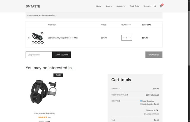 SMTASTE checkout page showing SMTASTE coupon code box | Screenshot taken by SimplyCodes community member on Sep 4, 2025