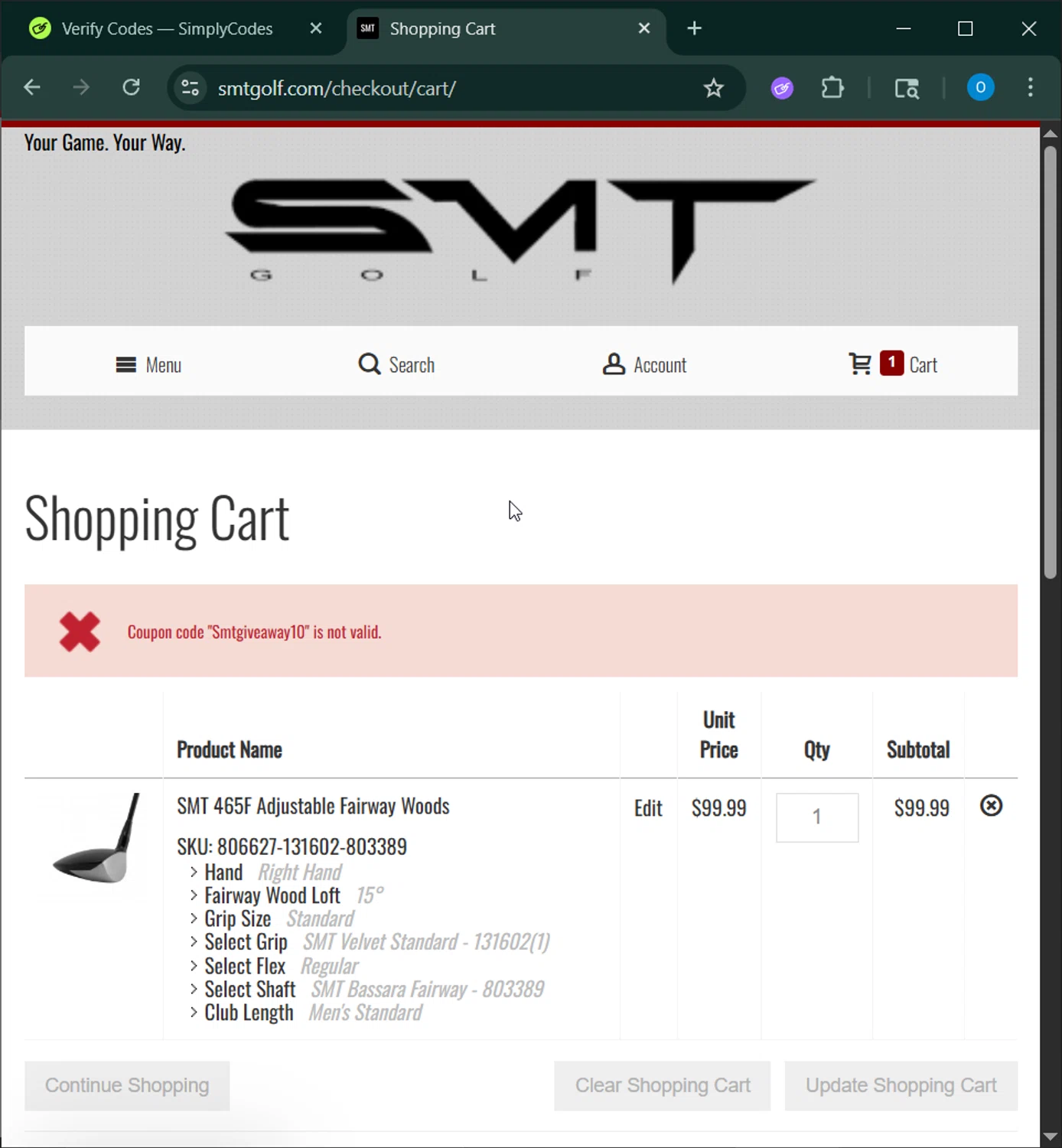 SMT Golf promo code screenshot showing code Smtgiveaway10 applied at SMT Golf checkout page. Uploaded by SimplyCodes community member GoldChaser6627 on Aug 24, 2025