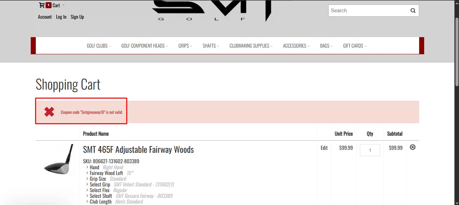 SMT Golf promo code screenshot showing code Smtgiveaway10 applied at SMT Golf checkout page. Uploaded by SimplyCodes community member noworries on Aug 10, 2025