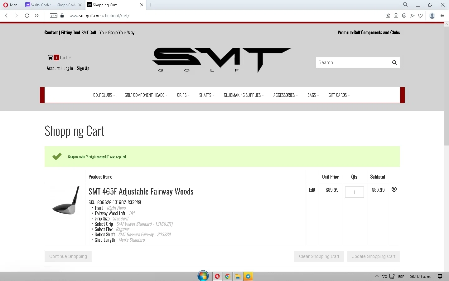 SMT Golf checkout page showing SMT Golf promo code box | Screenshot taken by SimplyCodes community member on Mar 24, 2023