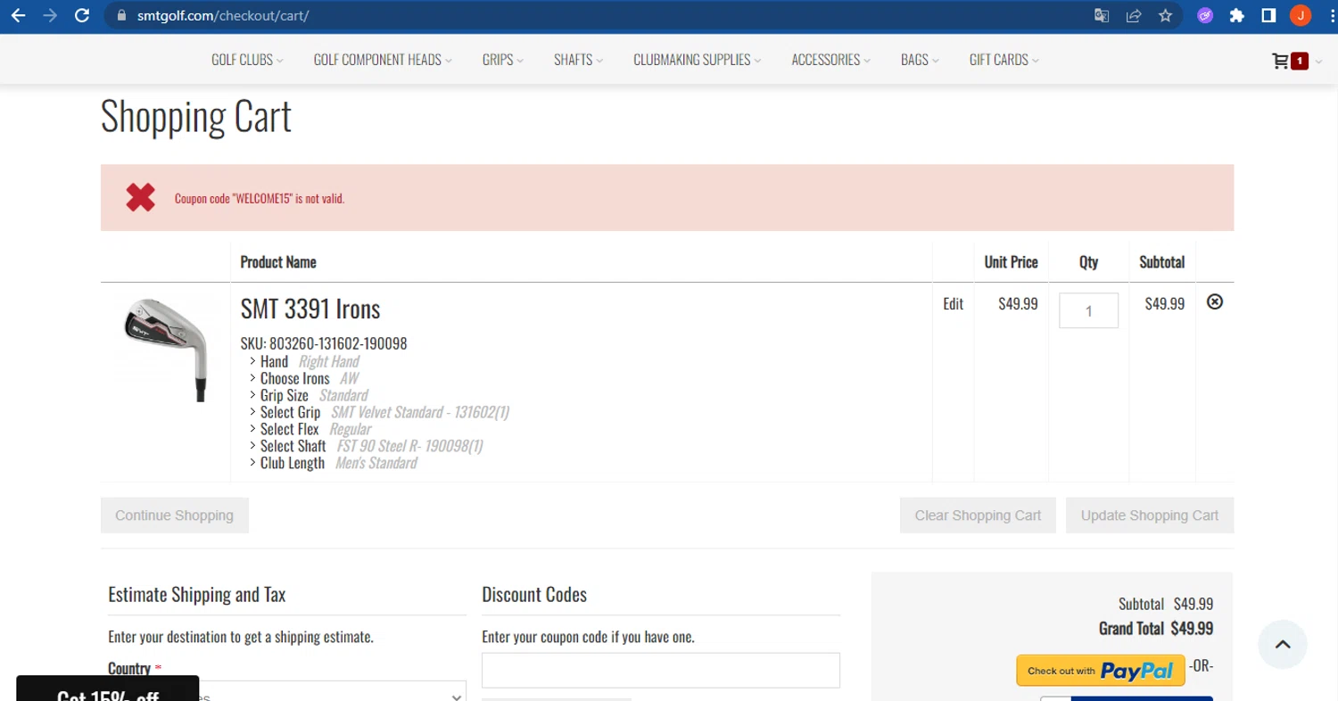 SMT Golf promo code screenshot showing code WELCOME15 applied at SMT Golf checkout page. Uploaded by SimplyCodes community member FranquizJoel on Oct 18, 2025