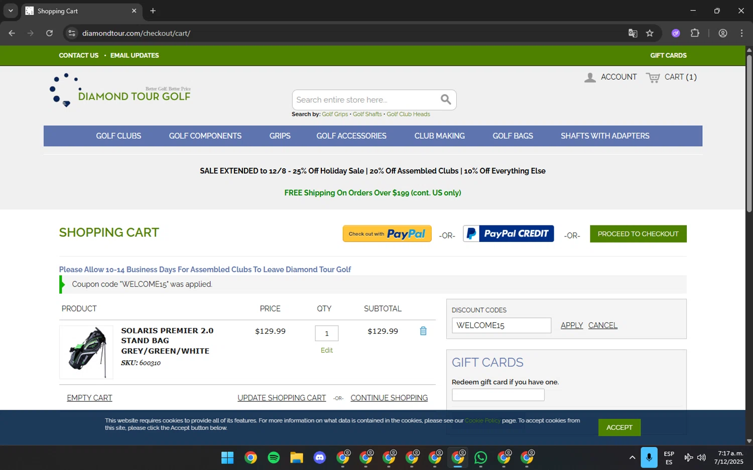 SMT Golf promo code screenshot showing code WELCOME15 applied at SMT Golf checkout page. Uploaded by SimplyCodes community member SilverPro4355 on Dec 7, 2025