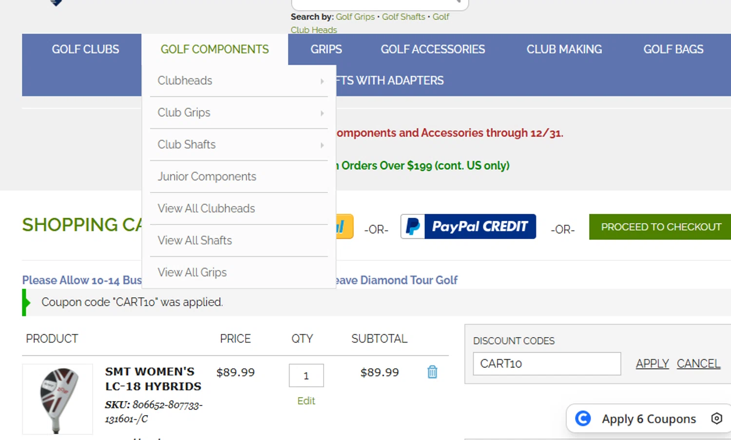 SMT Golf promo code screenshot showing code CART10 applied at SMT Golf checkout page. Uploaded by SimplyCodes community member ashe1986 on Dec 10, 2025