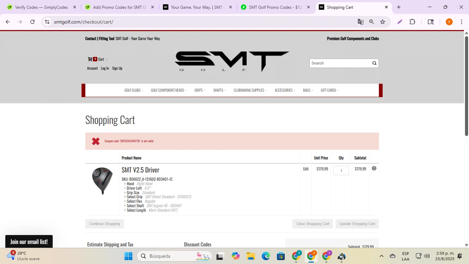 SMT Golf promo code screenshot showing code SMTGIVEAWAY10 applied at SMT Golf checkout page. Uploaded by SimplyCodes community member ycg487 on Aug 23, 2025