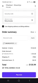 Smunchys15 coupon verification screenshot