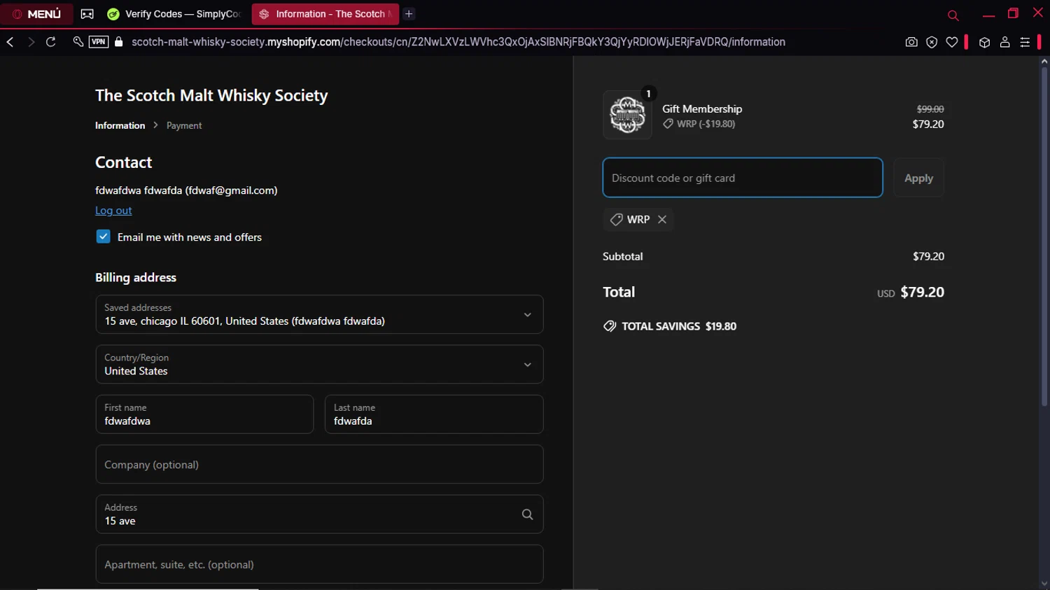 The Scotch Malt Whisky Society discount code screenshot showing code WRP applied at The Scotch Malt Whisky Society checkout page. Uploaded by SimplyCodes community member KeiJJ18 on Mar 18, 2025