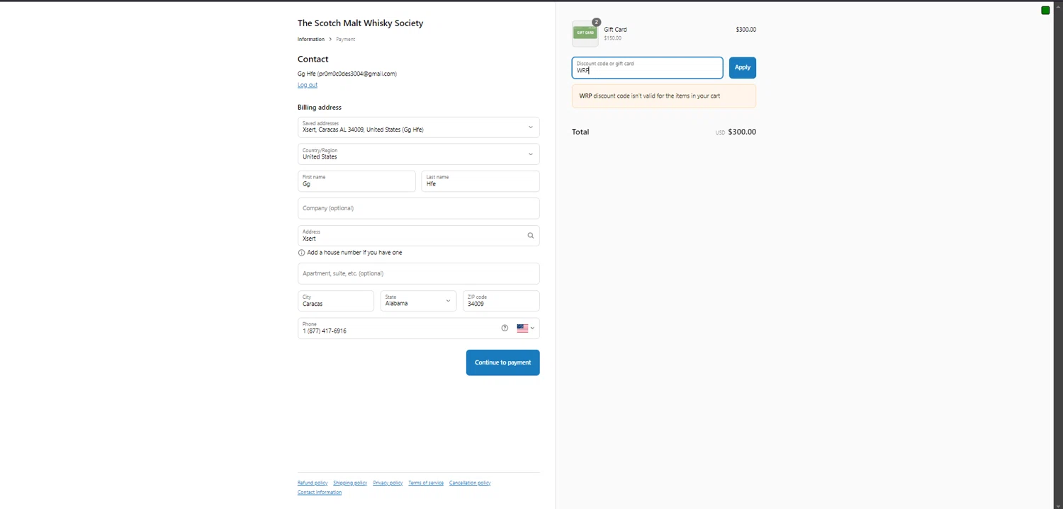 The Scotch Malt Whisky Society discount code screenshot showing code WRP applied at The Scotch Malt Whisky Society checkout page. Uploaded by SimplyCodes community member RINITOSHI on Apr 16, 2025