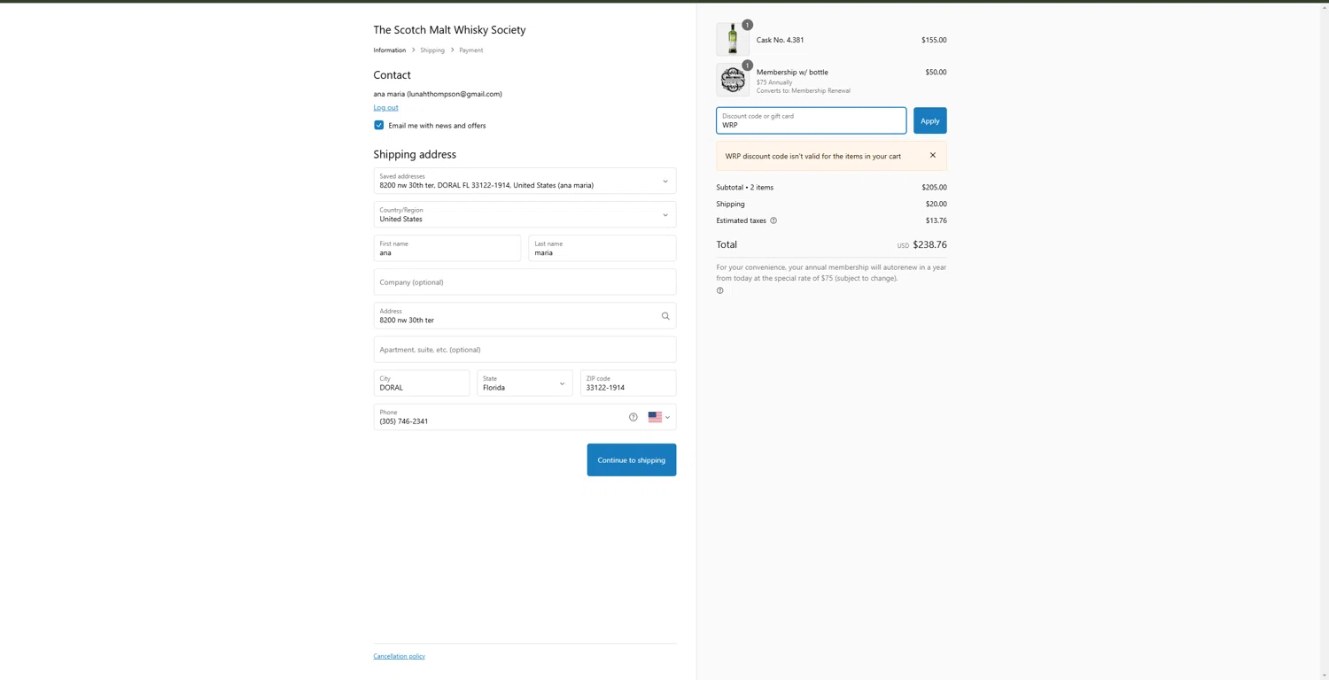 The Scotch Malt Whisky Society checkout page showing The Scotch Malt Whisky Society discount code box | Screenshot taken by SimplyCodes community member on Jan 19, 2025