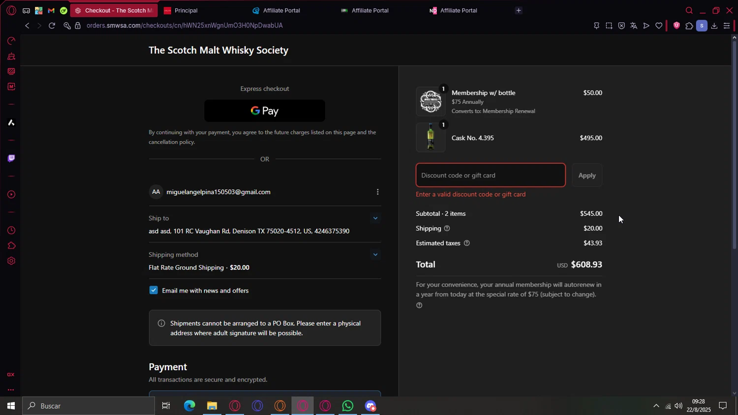 The Scotch Malt Whisky Society discount code screenshot showing code SCOTCHDAY2025 applied at The Scotch Malt Whisky Society checkout page. Uploaded by SimplyCodes community member cajax_manda on Aug 22, 2025