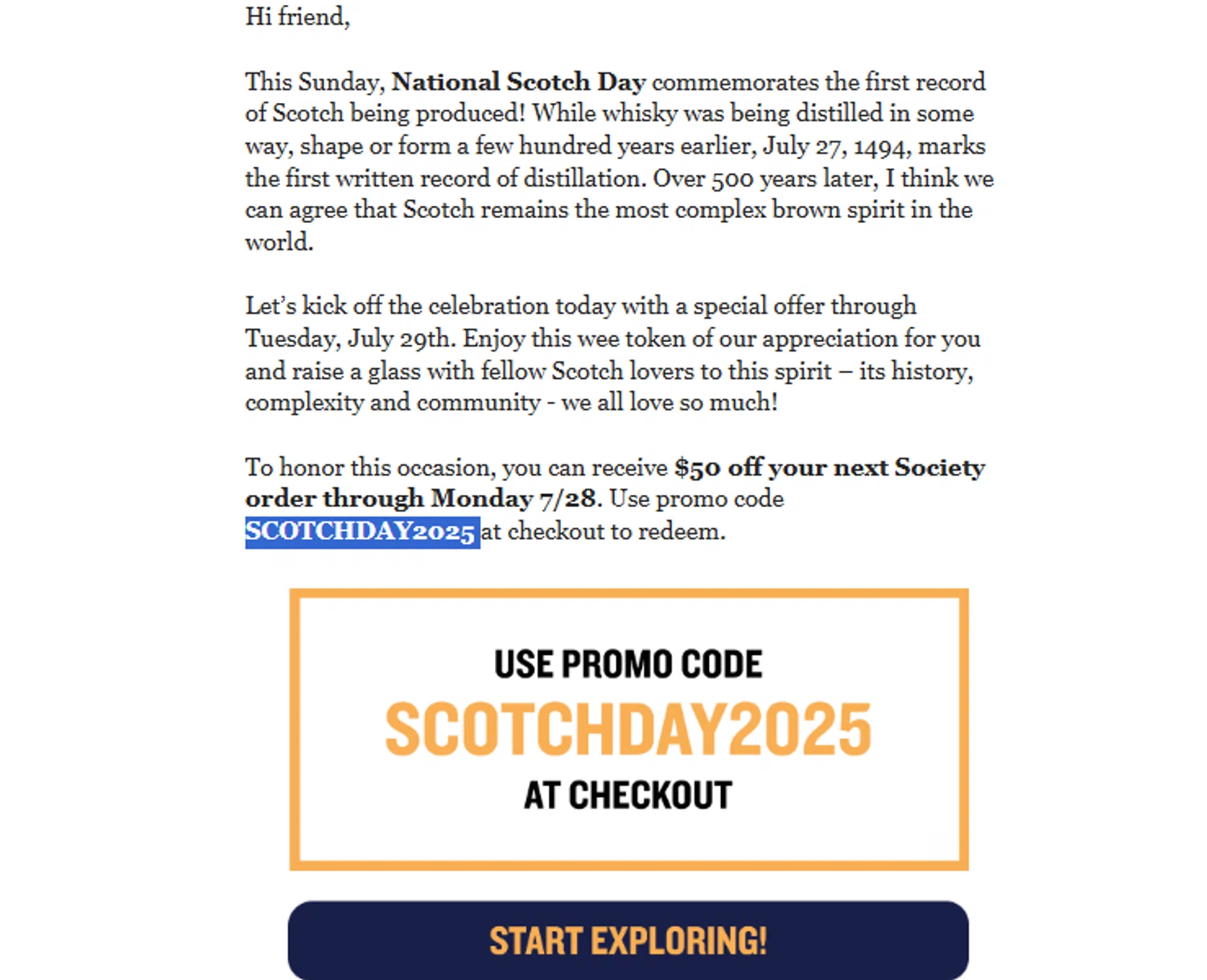 The Scotch Malt Whisky Society discount code screenshot showing code SCOTCHDAY2025 applied at The Scotch Malt Whisky Society checkout page. Uploaded by SimplyCodes community member juanjose on Jul 24, 2025