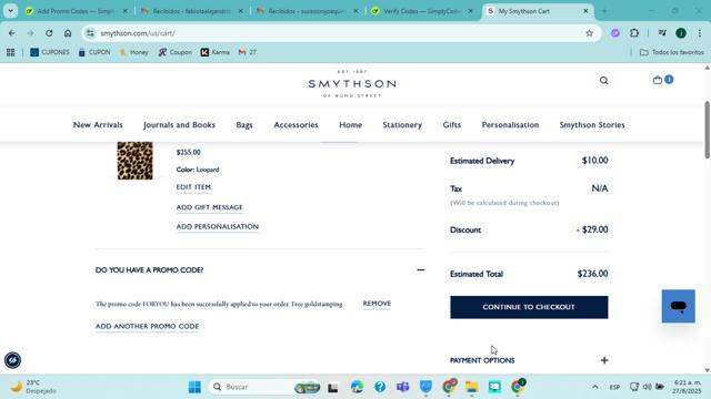 Smythson checkout page showing Smythson promo code box | Screenshot taken by SimplyCodes community member on Aug 27, 2025