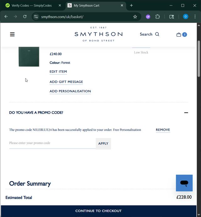 Smythson checkout page showing Smythson promo code box | Screenshot taken by SimplyCodes community member on Jul 3, 2025