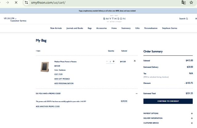 Smythson checkout page showing Smythson promo code box | Screenshot taken by SimplyCodes community member on Aug 30, 2025