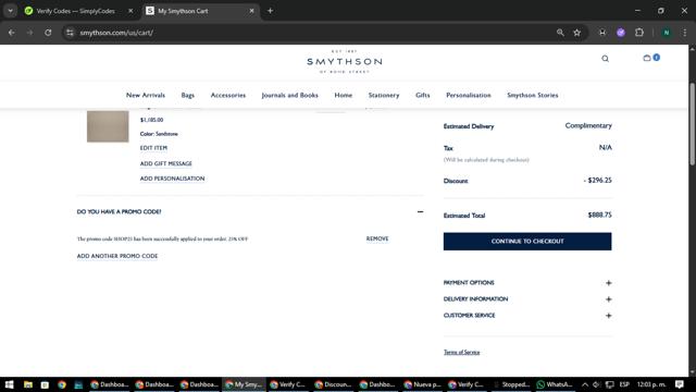 Smythson checkout page showing Smythson promo code box | Screenshot taken by SimplyCodes community member on Aug 1, 2025