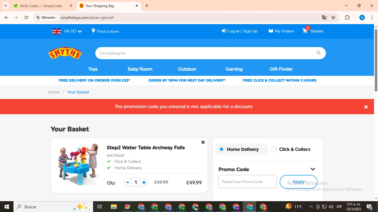Smyths Toys discount code screenshot showing code SMA5 applied at Smyths Toys checkout page. Uploaded by SimplyCodes community member CoinHawk678 on Mar 23, 2025