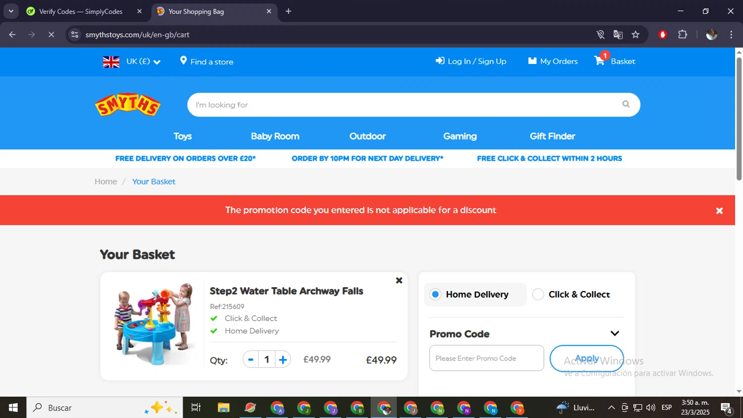 Smyths Toys discount code screenshot showing code SMA5 applied at Smyths Toys checkout page. Uploaded by SimplyCodes community member eliholuiscampos1 on Mar 23, 2025