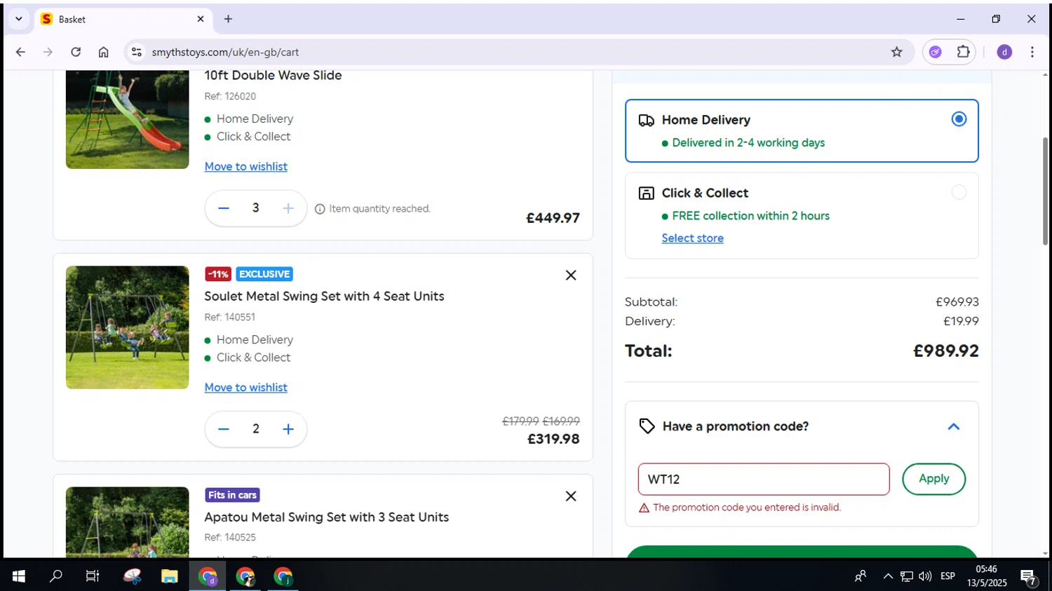 Smyths Toys discount code screenshot showing code WT12 applied at Smyths Toys checkout page. Uploaded by SimplyCodes community member VoucherPilot2282 on May 13, 2025