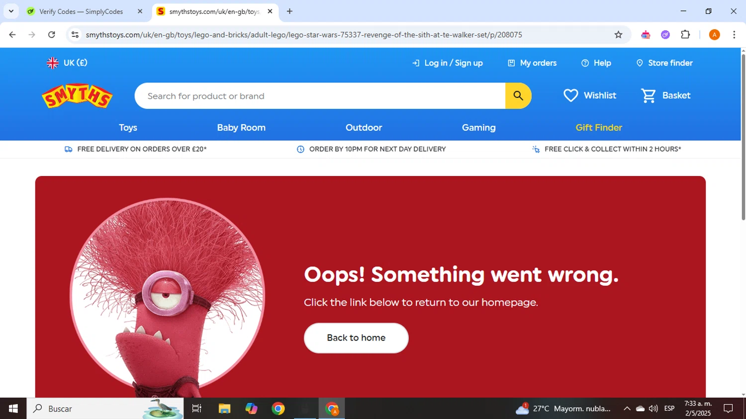 Smyths Toys discount code screenshot showing code CLICK12 applied at Smyths Toys checkout page. Uploaded by SimplyCodes community member SmartSaver1325 on May 2, 2025
