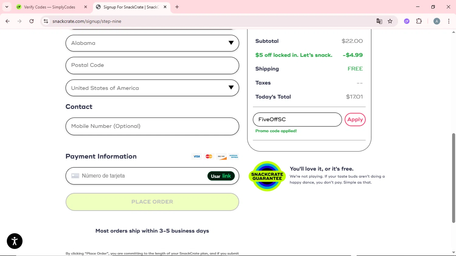 SnackCrate checkout page showing SnackCrate promo code box | Screenshot taken by SimplyCodes community member on Oct 24, 2025