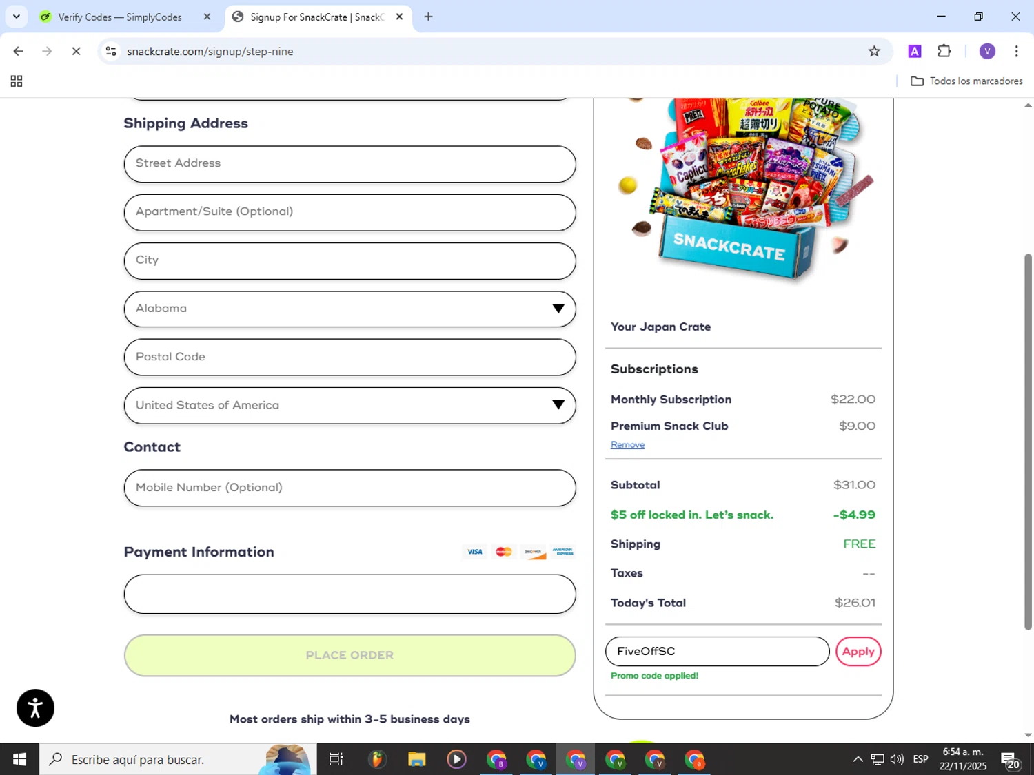 SnackCrate promo code screenshot showing code FiveOffSC applied at SnackCrate checkout page. Uploaded by SimplyCodes community member Gianpiero on Nov 22, 2025